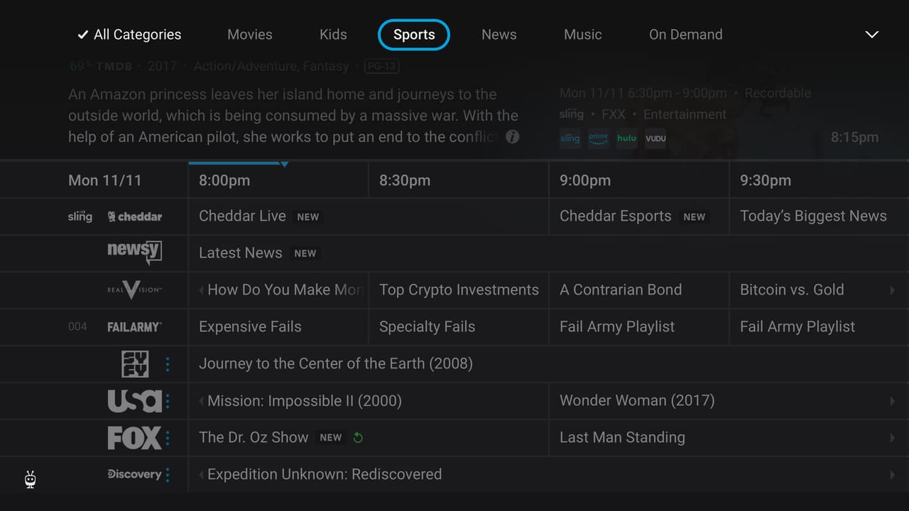 Streaming player grid guide with filter